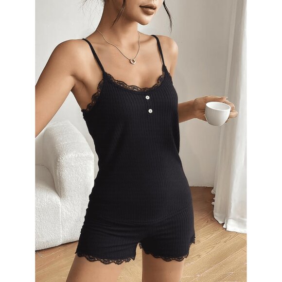Women 2-Piece Pajama Set – Ribbed Cami & Shorts Sleepwear with Lace Trim | Soft - Picture 3 of 7